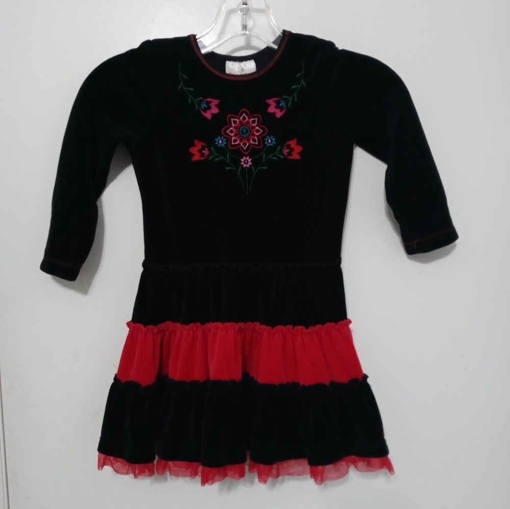 Hanna Andersson girls 4 Layered Long Sleeve Embroidered floral Velour Dress